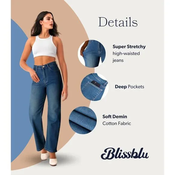 High-Waist Wide-Leg Jeans Premium Denim Straight Fit Petite Plus Sizes - Picture 6 of 8